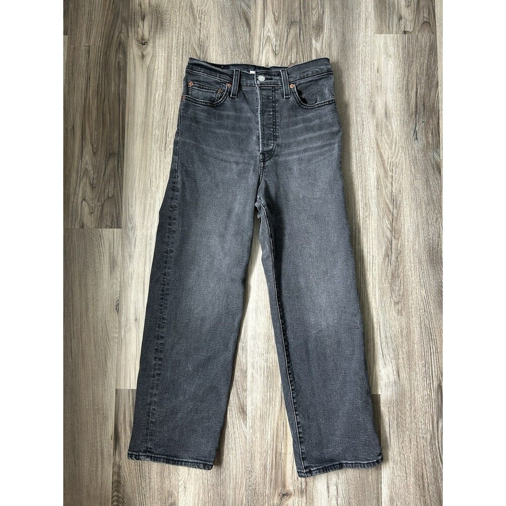 Levi's Ribcage Straight Ankle Jeans Black Washed High Rise Denim Size 27 Y2K